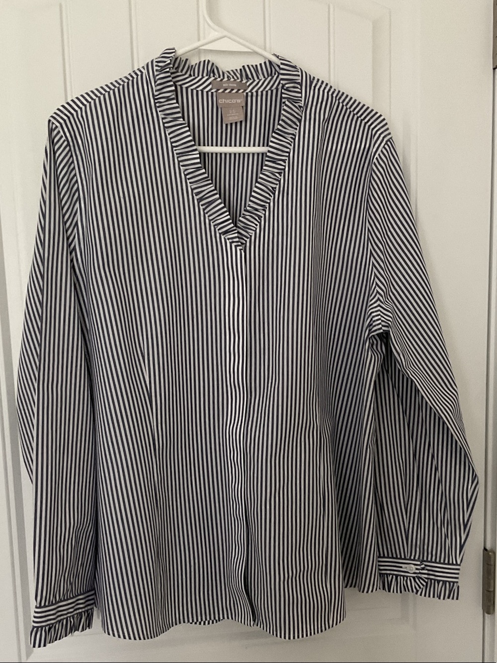 Chico's Navy and White Striped V-Neck Tunic Blouse